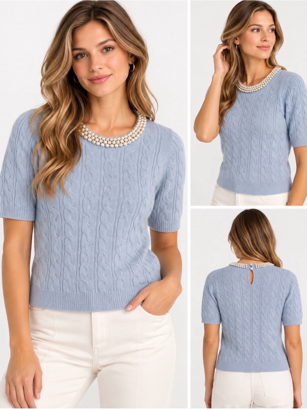 Joie 100% Cashmere Blue Cable Knit Pearl Neck Sweater Top M